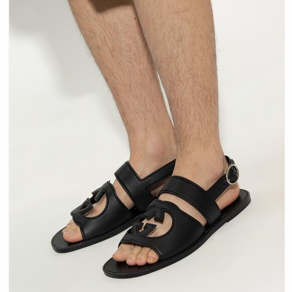 GUCCI SHOES MENS BLACK LEATHER CUTOUT INTERLOCKING G LOGO SANDALS sz 11 / 11.5 - Picture 1 of 14